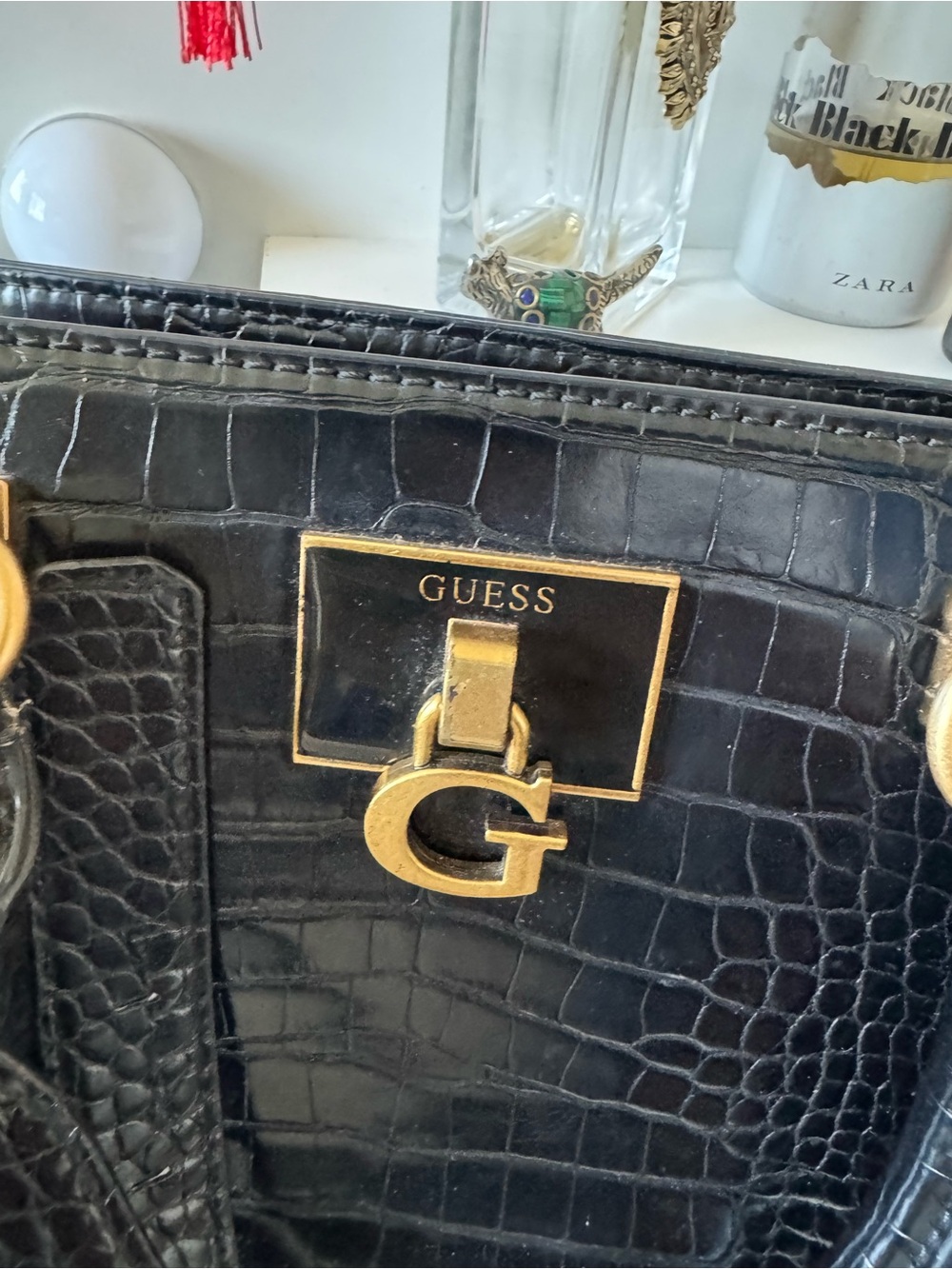 GUESS Black Croc-Embossed Satchel with Gold Accent Hardware - Picture 2 of 6